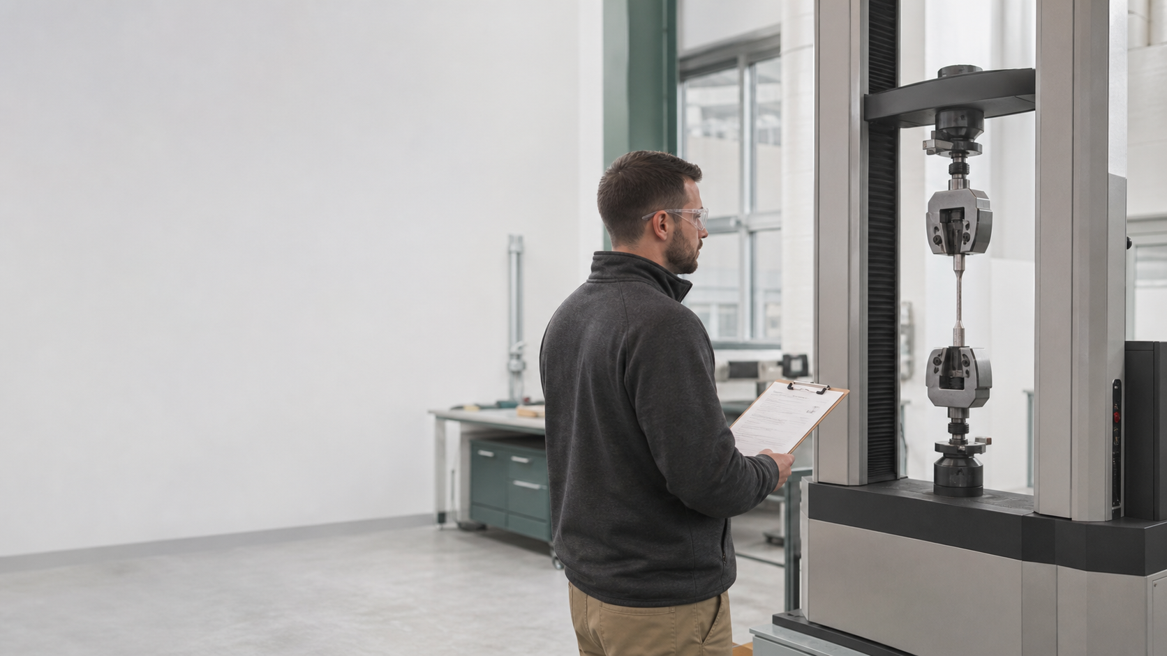 Materials test engineer observing a tensile strength test with a clipboard