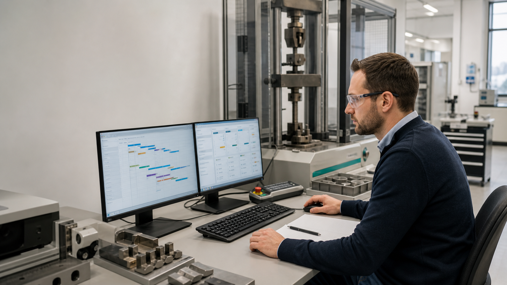 Engineering laboratory workstation running Pebblyhill beside test equipment