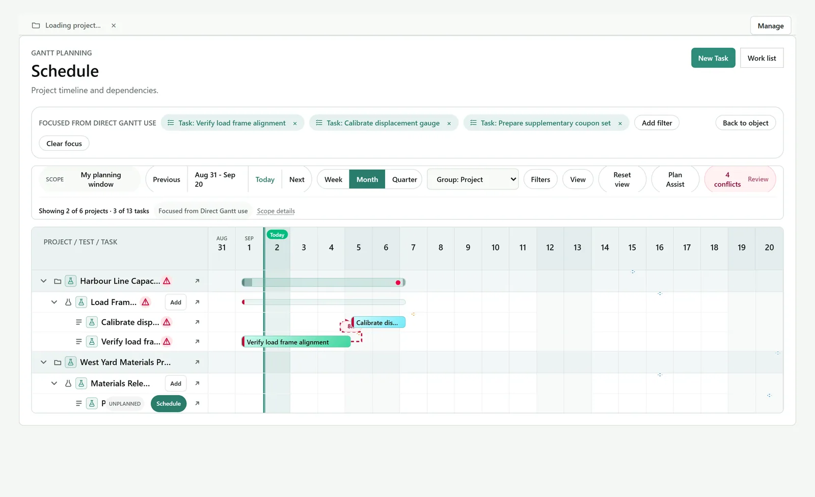 Pebblyhill Gantt plan with Projects, Tests, Tasks, deadlines, and dependencies