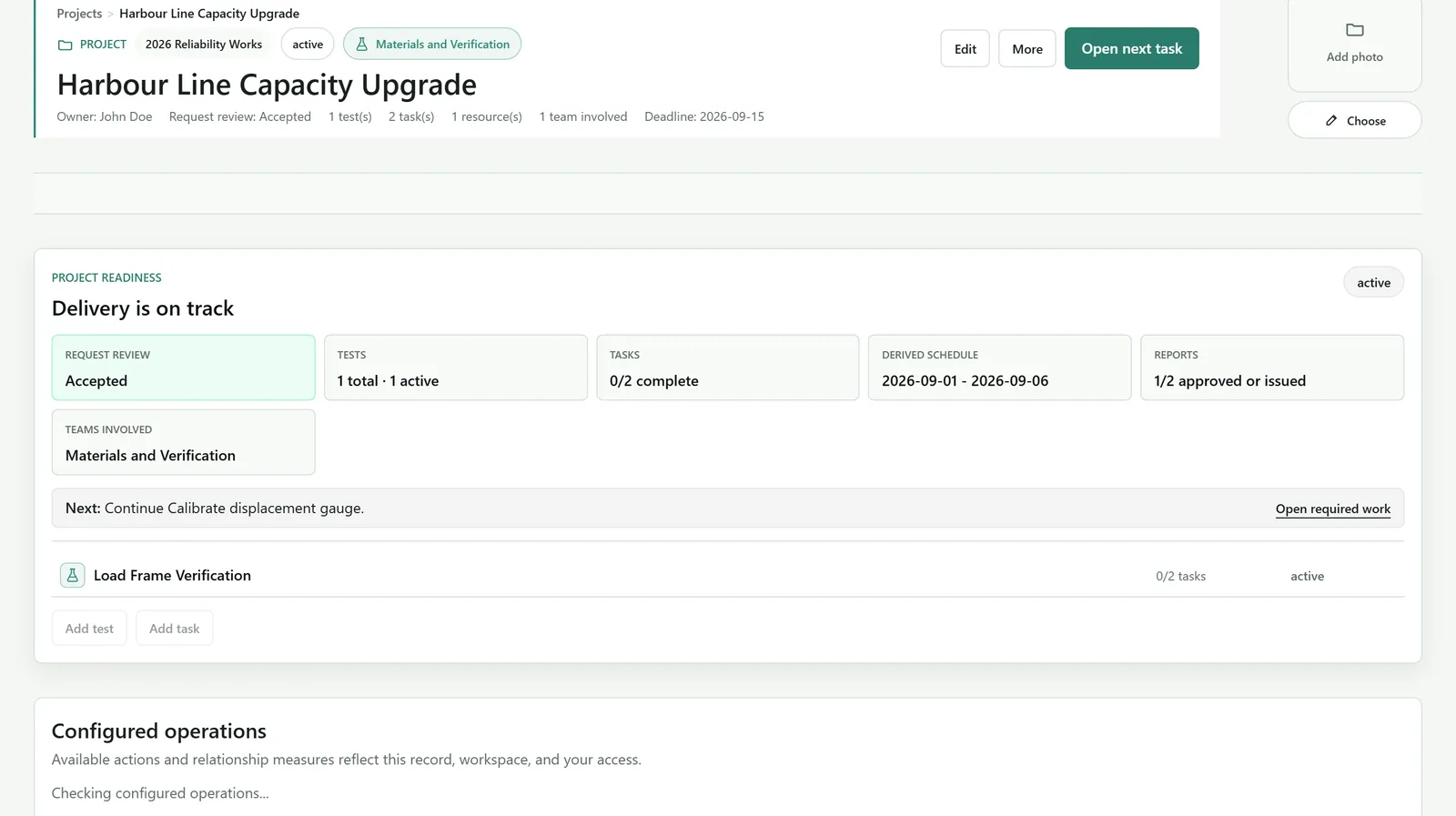 Pebblyhill Project workspace showing organized Tests, Tasks, readiness, and project details