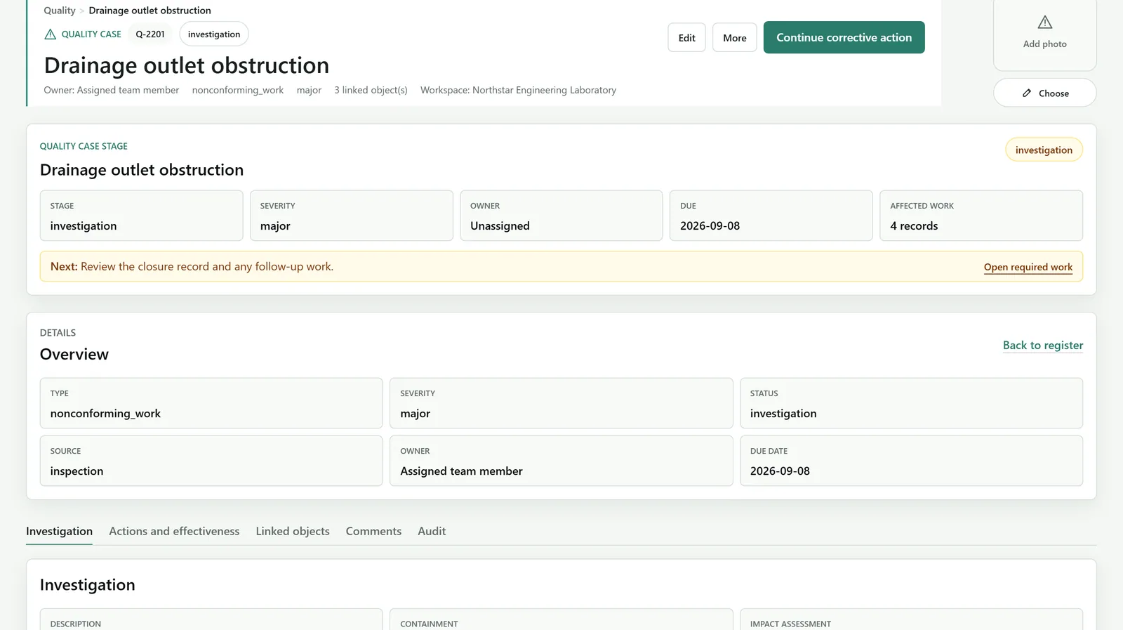 Pebblyhill Quality register showing an open case and its next workflow action