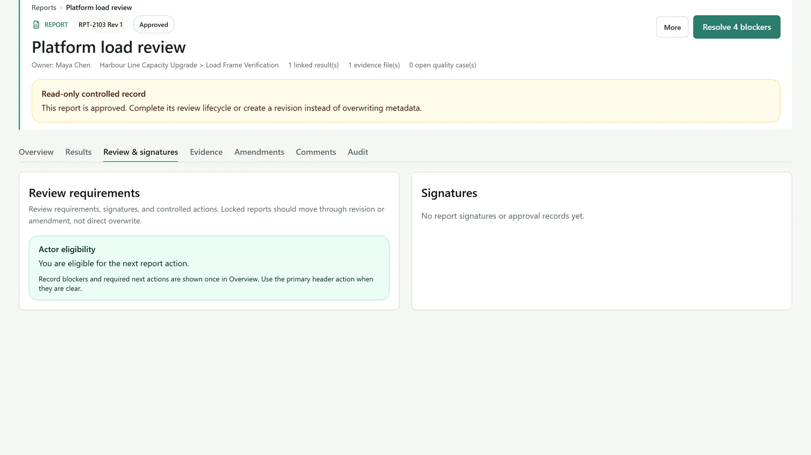 Pebblyhill report workspace showing results, readiness gates, review, signatures, and issue controls