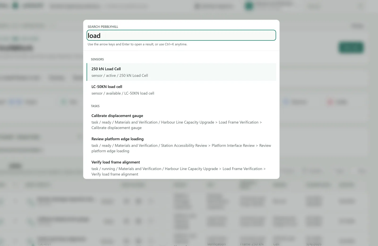 Pebblyhill Search palette showing Projects, Tests, Tasks, reports, and recent records