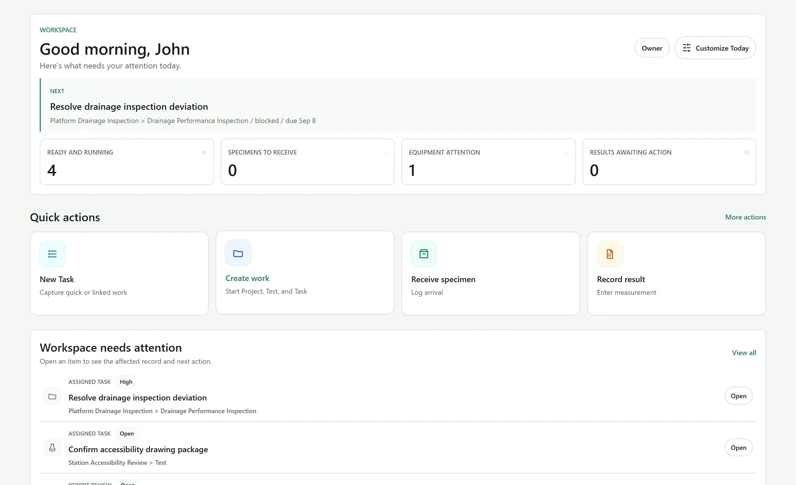 Pebblyhill Today workspace showing next actions, performance indicators, and quick actions
