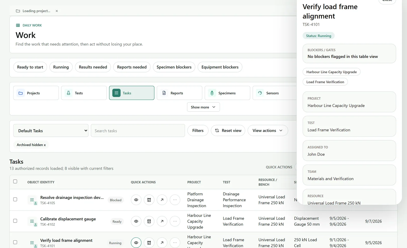 Pebblyhill Work register showing filtered Tasks, dates, resources, and quick actions