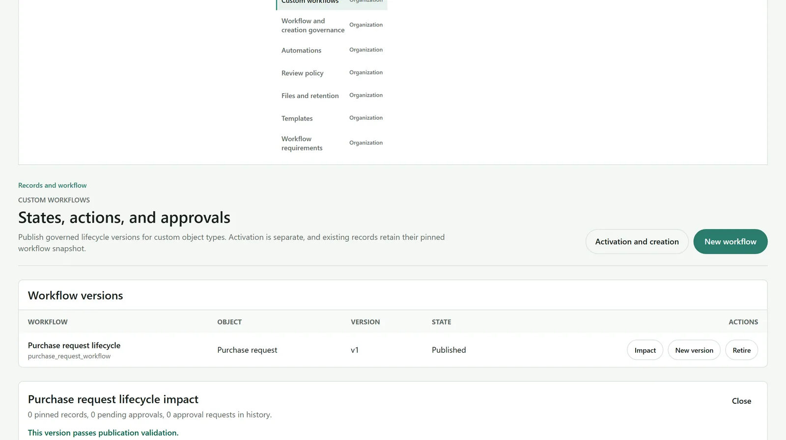 Pebblyhill configuration workspace showing a custom subsystem and its governed workflow